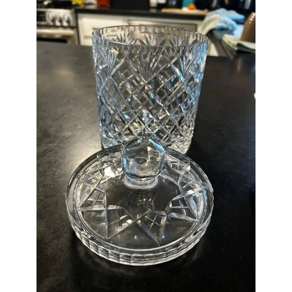 Vintage Style Cut Crystal Biscuit Jar with Lid Diamond Fan Pattern Clear Glass - Picture 2 of 5